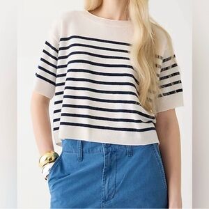 J Crew Cashmere Oversized Knit T Shirt in Ivory Navy Stripe Women's Medium
